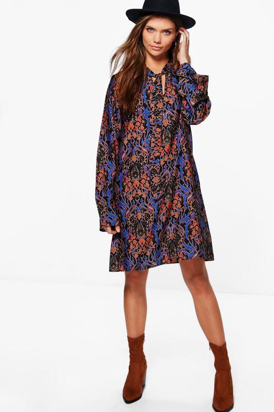 Tall Ella Mixed Print Tie Neck Dress